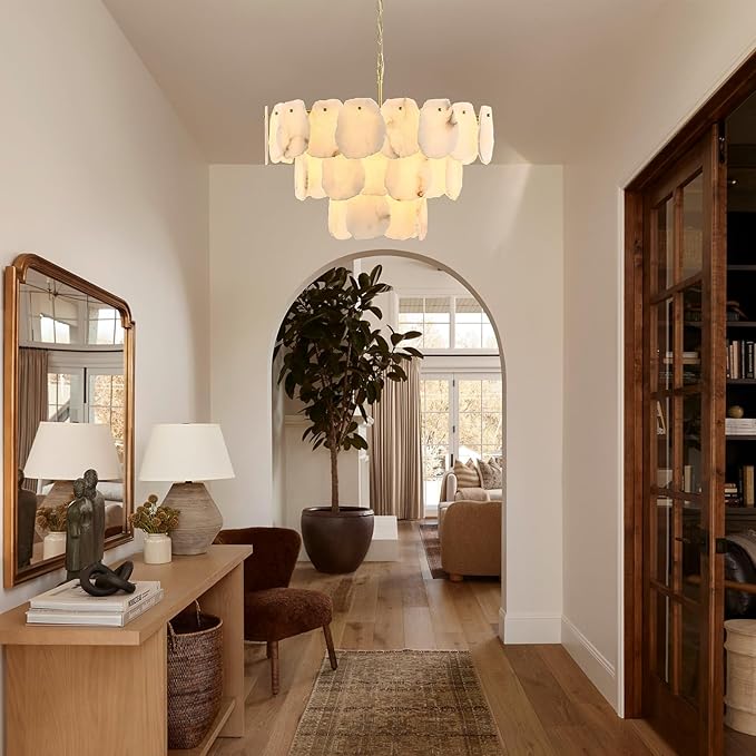 32″ Alabaster Chandelier, 16-Light Marble Round Chandelier, Modern Dining Room Chandeliers, 3 Tiers White & Brass Alabaster Chandeliers for Living Room Bedroom Bathroom Kitchen Foyer