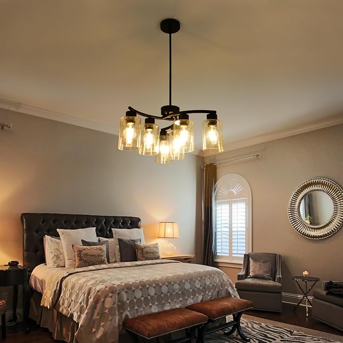 6-Light Modern Chandelier Black Chandeliers for Dining Room Seeded Glass Pendant Lights for Kitchen Island Living Room Foyer Bedroom E26 Base