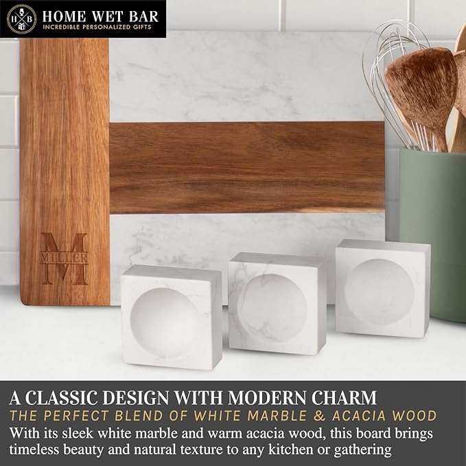 HomeWetBar Personalized Charcuterie Board Gift Set | Custom 15.75" x 11.75" White Marble & Acacia Wood Cheese Board with Serving Bowls | Perfect Housewarming + Wedding + Couples Gift Idea