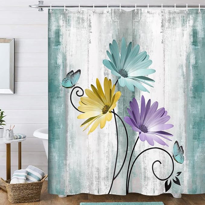 Rustic Farmhouse Shower Curtain, Farm Teal Daisy Floral Flowers and Butterfly on Country Wooden Shower Curtain for Bathroom, Turquoise Blue Bathroom Shower Curtains with 12PCS Hooks, 70X75IN