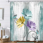 Rustic Farmhouse Shower Curtain, Farm Teal Daisy Floral Flowers and Butterfly on Country Wooden Shower Curtain for Bathroom, Turquoise Blue Bathroom Shower Curtains with 6PCS Hooks, 36X70IN