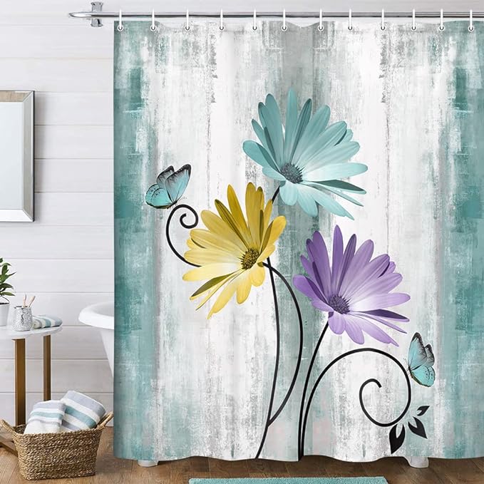 Rustic Farmhouse Shower Curtain, Farm Teal Daisy Floral Flowers and Butterfly on Country Wooden Shower Curtain for Bathroom, Turquoise Blue Bathroom Shower Curtains with 6PCS Hooks, 36X70IN