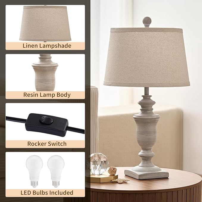 23" Farmhouse Table Lamps Set of 2, 3 Way Dimmable Lamps with 2 LED Bulbs and Rocker Switch, Vintage Nightstand Lamp for Bedroom Living Room Office End Table Entryway, Antique Grey