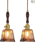 Amber Glass Vintage Pendant Light Height Adjustable Handmade Glass Pendant Lights Kitchen Island Gold Hanging Light Fixture with Wood Handle for Bedroom Dining Room Hotel (2Pack)