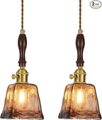 Amber Glass Vintage Pendant Light Height Adjustable Handmade Glass Pendant Lights Kitchen Island Gold Hanging Light Fixture with Wood Handle for Bedroom Dining Room Hotel (2Pack)