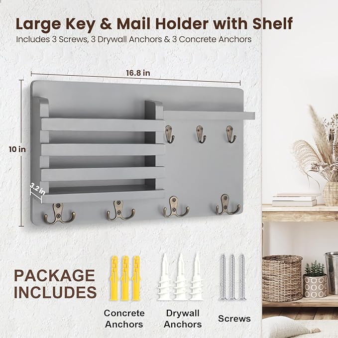 Nekon Mail Holder for Wall Mail Organizer with Key Hooks Hallway Farmhouse Decor Letter Sorter with Floating Shelf (16.8Inch x 10Inch x 3.2Inch) (Gray)