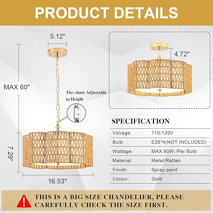 Plum Blossom Ceiling Light & Rattan Chandelier with Fabric Shade(16.5" 4•Light) | √UL-Listed Flush Mount & Fire-Safe PC Panels for Boho Kitchen Islands | Modern Farmhouse Dining Room Lighting