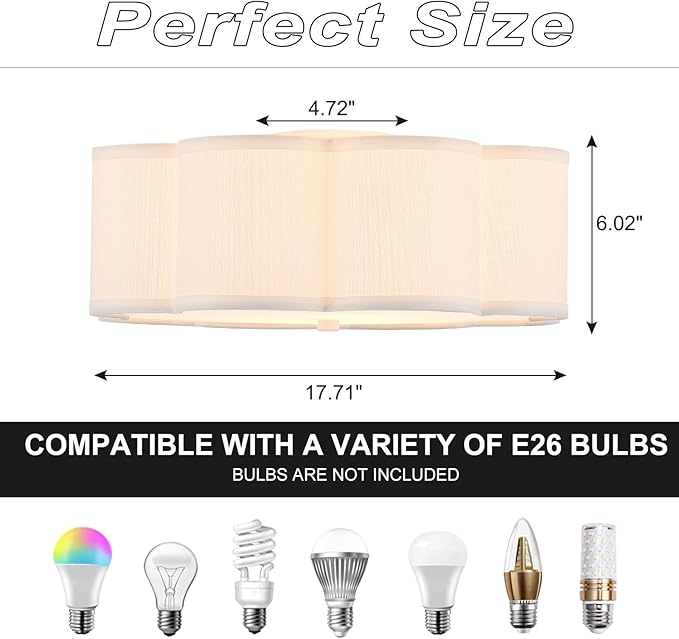 Modern Drum Semi Flush Mount Ceiling Light 3-Lights Modern 17.71" White Drum Ceiling Lighting Fixture Vintage Modern Linen Ceiling Lamp for Kitchen, Basement, Bedroom, Laundry Room