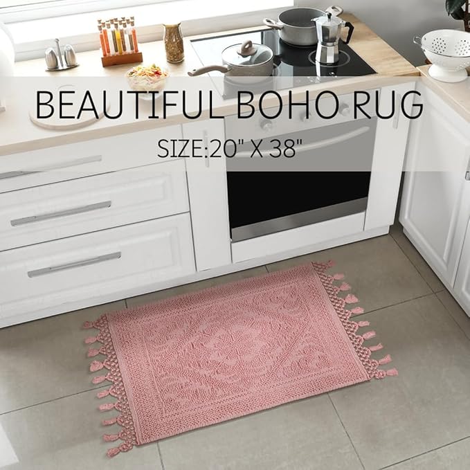 Savi Home Cotton Woven Jacquard Bathroom Rug, Woven Fringe Bathroom Mats, 100% Cotton, Non - Slip Bath Mat, Durable Thick Bath Mat 20”x38” with Fringes, Baby Pink