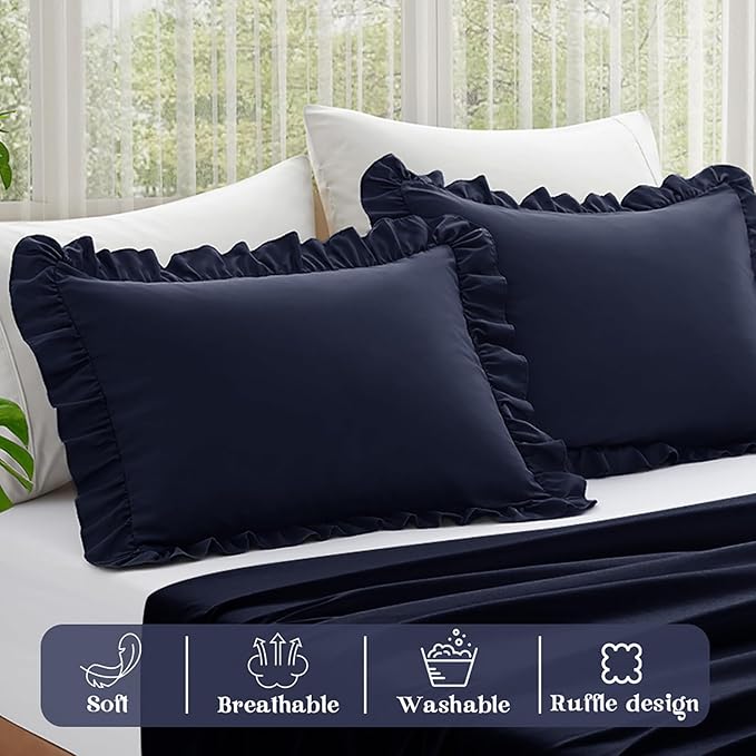 KKJIAF Ruffle Pillow Cases Standard Size Set of 2, Ruffled Pillow Covers with Envelope Closure, Wrinkle Resistant Ruffled Pillow Shams 20" x 26", Navy Blue
