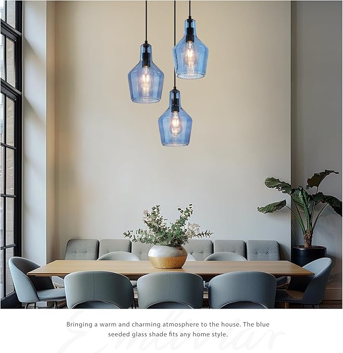 Emliviar 3-Light Cluster Pendant Light, Blue Hanging Pendant Lights with Seeded Glass for Kitchen Hallway Dining Room, DYE286G1-3 BK