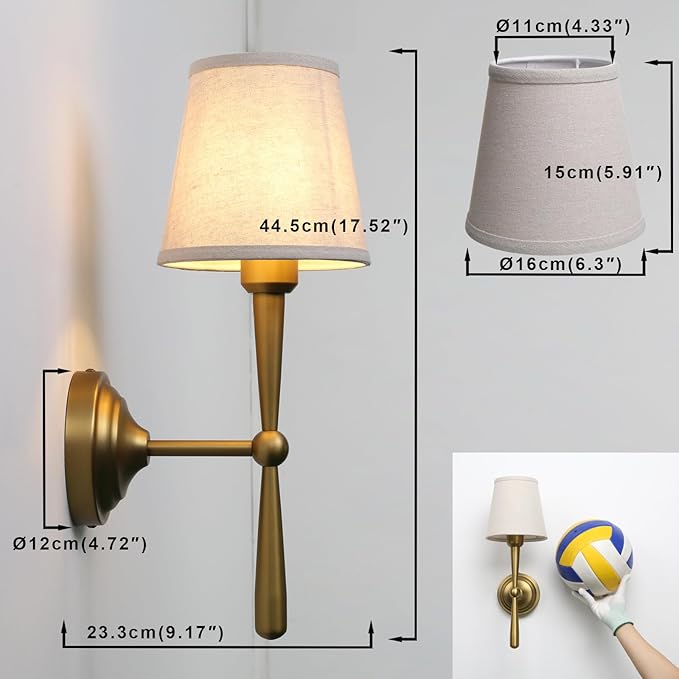 Yosoan Brass Linen Shade Bedside Vanity Wall Sconce Set of 2, Vintage Industrial Hardwired Indoor Boho Gold Wall Mounted with Funnel Textile for Bedroom Stairwell Hallway (Antique)
