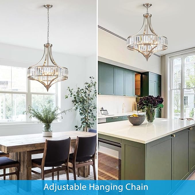 XINGQI Large Crystal Chandelier 21.6" Brushed Nickel Chandeliers for Dining Room, Rustic Farmhouse Pendant 6-Light with Round Metal Shade for Living Room Kitchen Bedroom Office