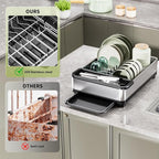 Dish Drying Rack, 304 Stainless Steel Dish Racks for Kitchen Counter, Dish Drainers with Automatic Drainage, Utensil Holder & Cups Holder, Space Saving Kitchen Organizer (1-Tier Silver)