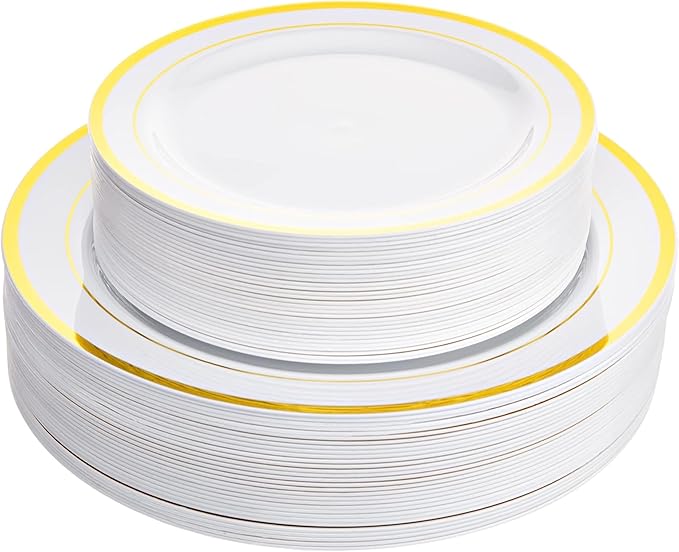 Aya's Cutlery Kingdom 100 Disposable White Plastic Plates with Gold Trim - Includes 50 (10-Inch) Plastic Dinner and 50 (7.5-Inch) Salad Dessert Plates - Heavy Duty and Elegant Tableware