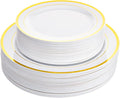 Aya's Cutlery Kingdom 100 Disposable White Plastic Plates with Gold Trim - Includes 50 (10-Inch) Plastic Dinner and 50 (7.5-Inch) Salad Dessert Plates - Heavy Duty and Elegant Tableware