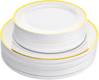 Aya's Cutlery Kingdom 100 Disposable White Plastic Plates with Gold Trim - Includes 50 (10-Inch) Plastic Dinner and 50 (7.5-Inch) Salad Dessert Plates - Heavy Duty and Elegant Tableware