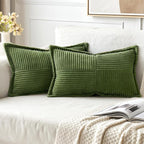 MIULEE Decorative Lumbar Throw Pillow Covers for Couch Bed Livingroom 12x20 Inch Set of 2 Moss Green Boho Accent Throw Pllows Broadside Striped Patchwork Soft Corduroy Summer Pillowcases