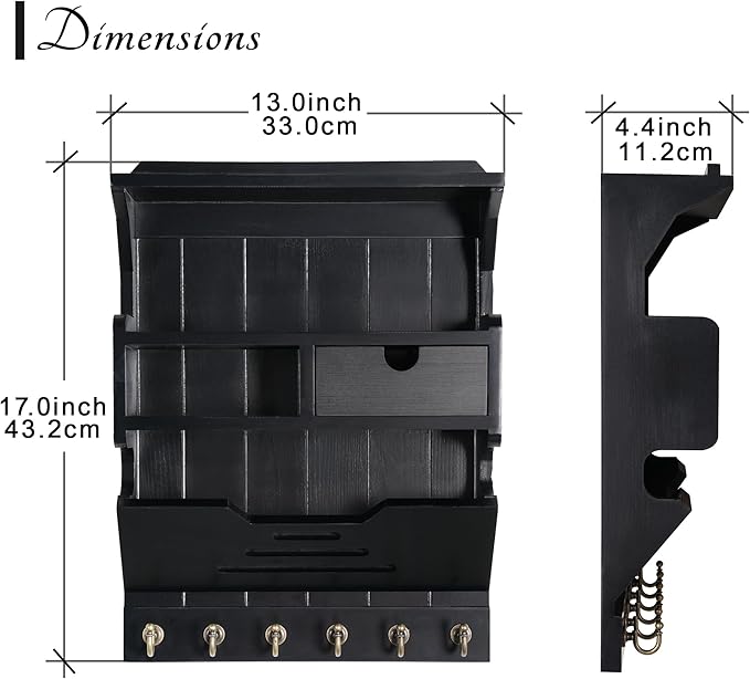 Wall Mail Organizer with Storage Drawer and 6 Hooks, Easy Install Key Rack for Entryway and Home Decor, Luxury Black