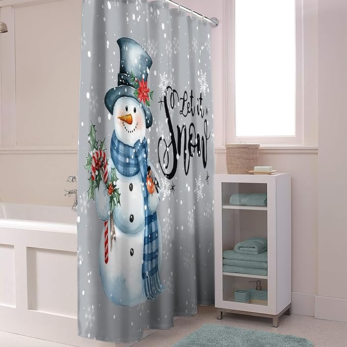 Vandarllin Snowman Christmas Shower Curtain, Let It Snow Winter Holiday Shower Curtains Set with Hooks, Grey White Waterproof Fabric Bathroom Curtains Decor Home Accessories,72X 96 Inch Extra Long