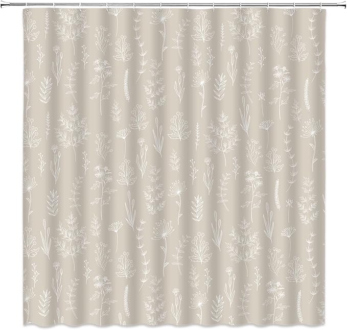 Boho Farmhouse Botanical Shower Curtain Rustic Floral Neutral Leaves Vintage Herbs Plant Modern Country Cream Taupe Bathroom Curtain Set with Hooks(70" WX70 H)