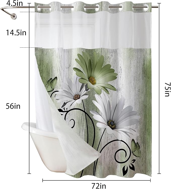 Muuyi Sage Green Watercolor Floral Shower Curtain,No Hook Shower Curtain,Polyester Shower Curtains with Snap in Fabric,Sheer Top Window for Bathroom Decor,Waterproof & Washable,72W x 75L Inch