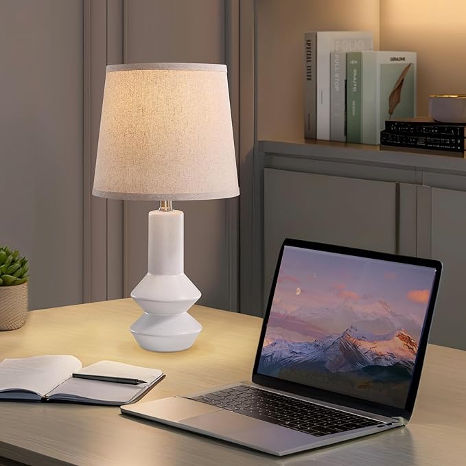 20 Inch White Ceramic Table Lamp Set of 2 with Oatmeal Fabric Shade, 3-Way Dimmable Small Bedside Lamp for Bedroom, Office, Living Room & Nightstand