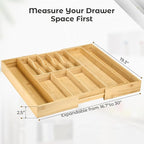 Fabsome Silverware Organizer for Cabinet Drawer, Expandable from 16.7'' to 30'' Wide Bamboo Wood Flatware Tray for Large Kitchen Drawers, Cutlery Utensil Holder