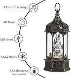 Christmas Snow Globes with Music,6H Timer Cylindrical Flashing Snow Ball,Bronze Musical Box Including 8 Songs,Glitter Snowflakes Lantern with Christmas Tree Xmas Snow Mountain Decor Gift