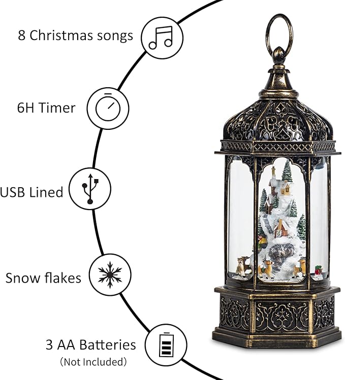 Christmas Snow Globes with Music,6H Timer Cylindrical Flashing Snow Ball,Bronze Musical Box Including 8 Songs,Glitter Snowflakes Lantern with Christmas Tree Xmas Snow Mountain Decor Gift