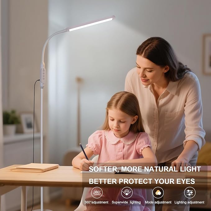 Bright LED Floor Lamps Touch and Remote Dimming for Eyelash Extension Tattoo Manicure Craft Drawing Makeup Living Room Bedroom Office Adjustable Gooseneck Standing Reading Lights esthetician lash lamp