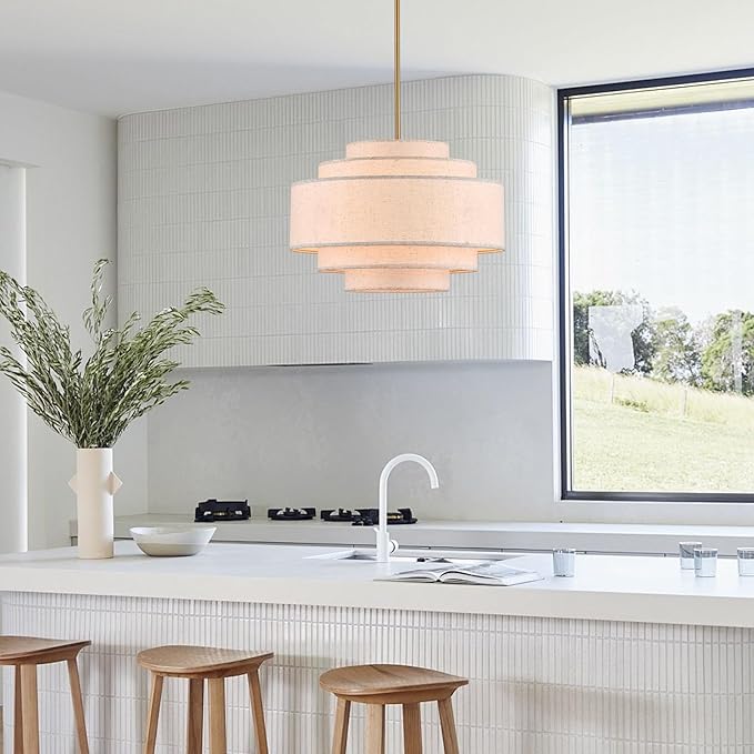Modern 19.7" Drum Chandelier 4-Lights Vintage Modern Chandelier Light Fixture with Linen Shade Retro Farmhouse Drum Chandeliers for Dining Room, Kitchen Island, Living Room, Bedroom