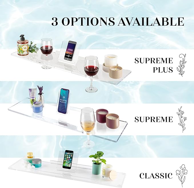40" Supreme - Clear Acrylic Bathtub Tray Caddy Tub Shelf, Spa Board Luxury Bathroom Bath tub Table, Fits Across Bathtubs, Book, iPad and Wine Glass Holder (Supreme, 40")