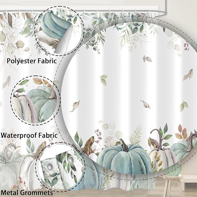 Fall Shower Curtain, Autumn Blue Green Pumpkin Leaves Harvest Thanksgiving Shower Curtains Decor Set, Polyester Fabric Bathroom Accessories Set with Hooks 72X72IN