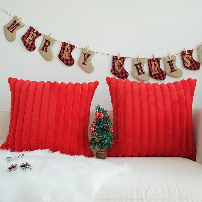 JOJUSIS Pack of 2 Faux Fur Plush Decorative Christmas Red Throw Pillow Covers Couch Cushion Case Soft Pillowcases (Red, 20 x 20-Inch)