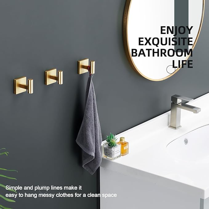 KOKOSIRI Robe Hooks Bathroom Towel Coat Hook for Bath Kitchen Wall 3 Pack Brushed Gold Stainless Steel B1013BG-P3