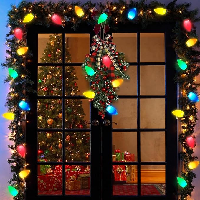 C9 Christmas LED String Lights, 23 Ft LED Vintage Multicolor Lights with 35 LED C9 Colorful Light Bulbs, Outdoor String Lights for Christmas Party Backyard Wedding- Green Wire