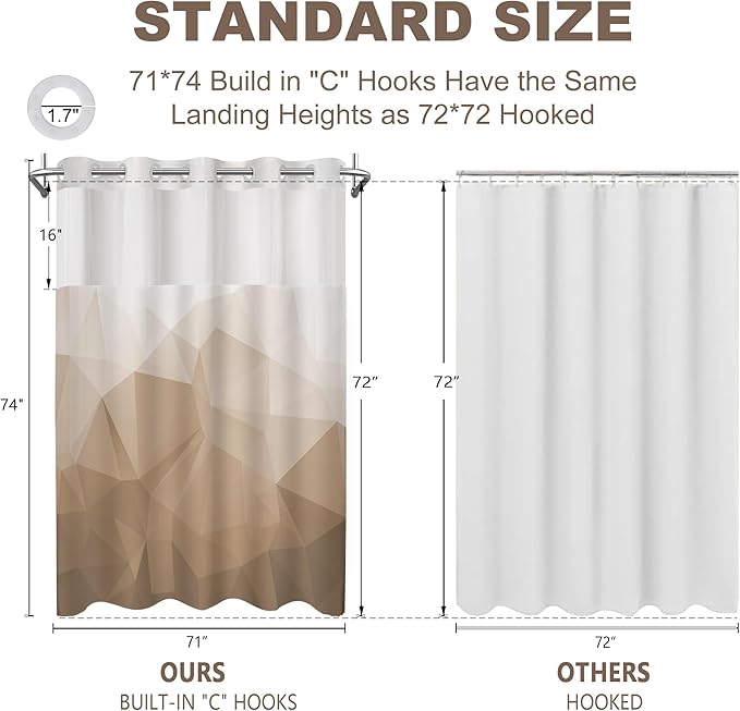 No Hook Shower Curtain with Snap in Liner and Sheer Window, Brown Modern Geometric Fabric Shower Curtain Set for Bathroom Decor, 15-Second Quick Install, Abstract Irregular Ombre, 71"X74"