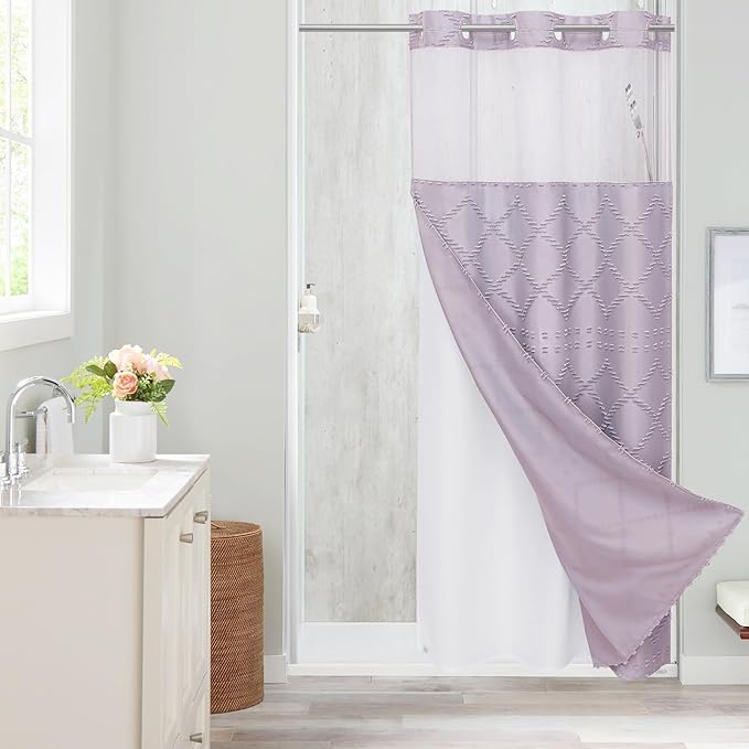 Boho Lavender Woven Fabric Shower Curtain 36 x 74 Modern Farmhouse, No Hooks Tufted Chevron Striped Shabby Chic Textured, Minimalist Cloth Curtain for Bathroom, Hotel Decor