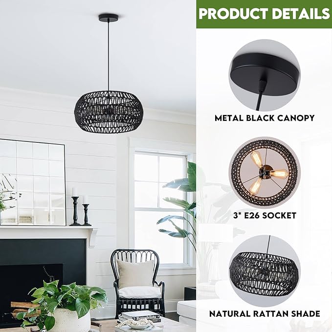 Black Boho Hanging Light Fixture Rattan Chandeliers Drum Pendant Lights for Dinning Room Wicker Chandelier Ceiling Hanging Light Basket Woven Chandelier for Bedroom Hallway Entrance Kitchen Island