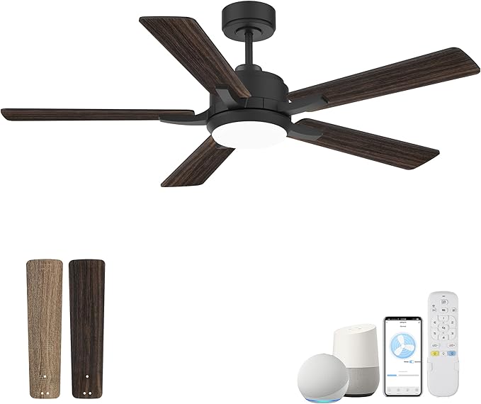 cumilo 52” Smart Ceiling Fanswith Lights Remote Control,Quiet DC Motor,Outdoor Indoor Modern Farmhouse Ceiling Fan work with Alexa App,Dimmable LED Light,Black/Brown for Bedroom Living Room Patio