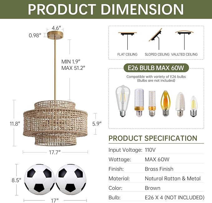 17.7” Boho Rattan Chandelier Light Fixture 4-Light Hand Woven Rustic Chandeliers with Wicker Shade, Farmhouse Chandelier Hanging Light for Dining Room Kitchen Island, Living Room, Foyer