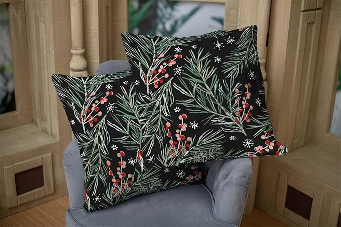 CAPSCEOLL 2PCS Black Branch Covers for Throw Pillows 20X20Inch Winter Woodland Christmas Art Berries Black Green Floral Forest Snowflakes Xmas Soft Throw Pillow Covers for Bedroom Sofa Living Room