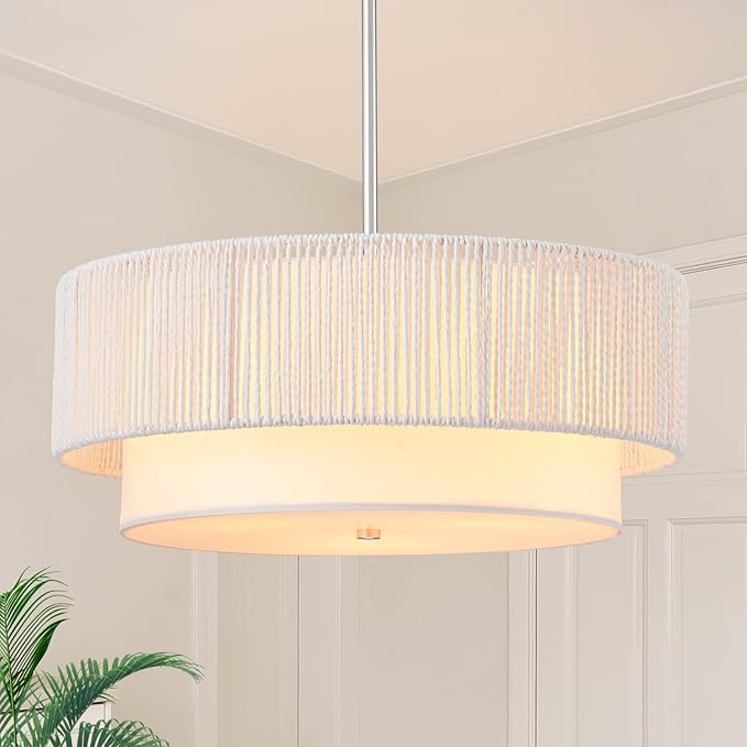18'' Farmhouse Rattan Chandeliers for Dining Room,3-Light Boho Light Fixtures Rattan Pendant Light Fixture with Fabric Shade Drum Chandeliers for Bedroom Dining Room Foyer Kitchen Hallway（White）