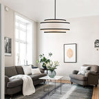 19.7" Black Drum Chandelier with White Linen Lampshade 4-Light Modern Farmhouse Chandelier Light Fixture for Dining Room, Kitchen Island, Foyer Entryway Bedroom