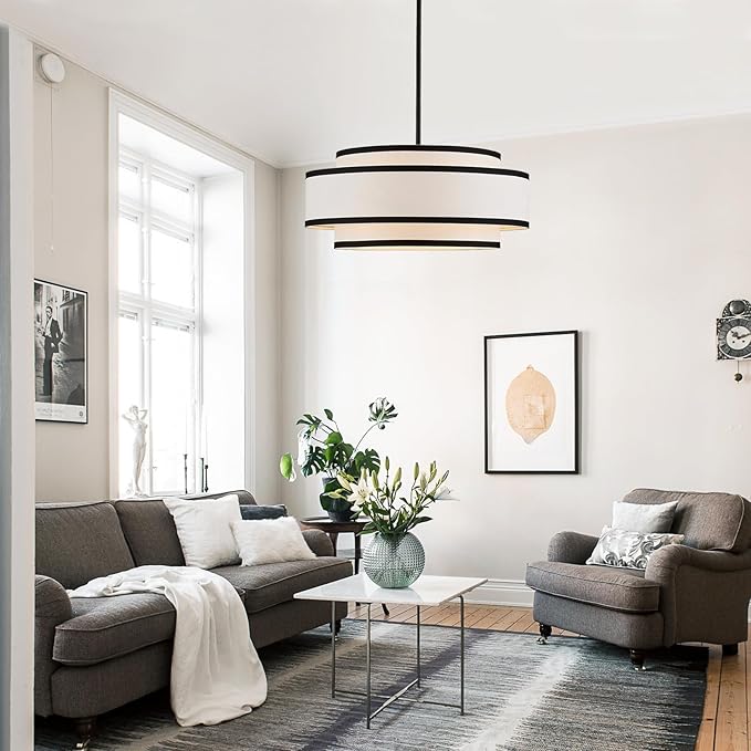 19.7" Black Drum Chandelier with White Linen Lampshade 4-Light Modern Farmhouse Chandelier Light Fixture for Dining Room, Kitchen Island, Foyer Entryway Bedroom