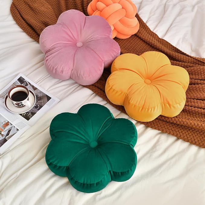 Xuyier Flower Pillow, Flower Shaped Pillow with Velvet for Couch Bed Chair Sofa, Home Decor Floor Seating Cushion Cute Throw Pillows for Living Room Bedroom (15 Inches, Dark Green)