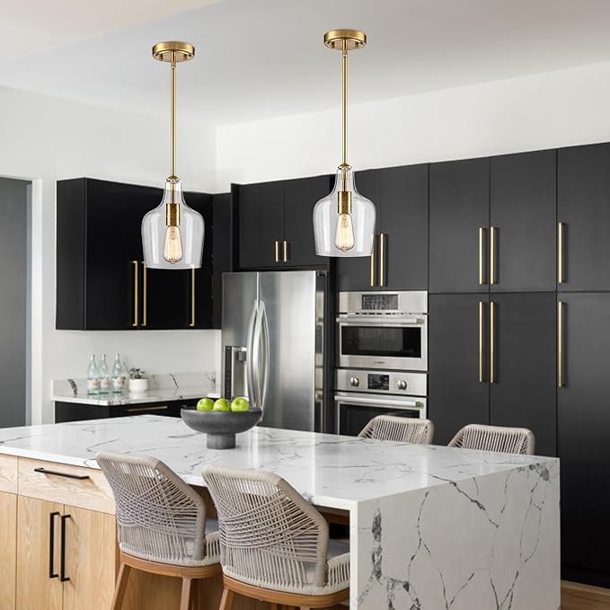 Rod Hung Pendant Light for Kitchen Island (Gold Seeded Glass)