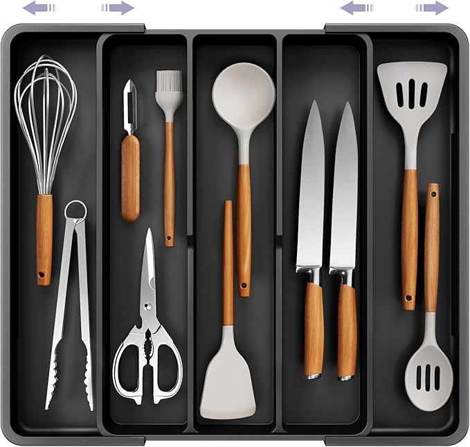 Kitsure Expandable Silverware Organizer – Large Utensil Drawer Kitchen Organization with 5 Compartments, Easy-Clean, Home & Apartment Essentials, Black, 13.6" x 1.4"x 11.0"~19.9"