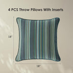 Sunbrella Decorative Outdoor Water Repellent Throw Pillows with Inserts, Set of 4, 18" x18" Pillows for Patio, Backyard, Bed, Couch, and Patio Furniture, Beach Stripe Lagoon